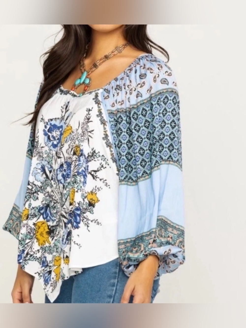 Free People Positano Print Off Shoulder Boho Blouse NWT